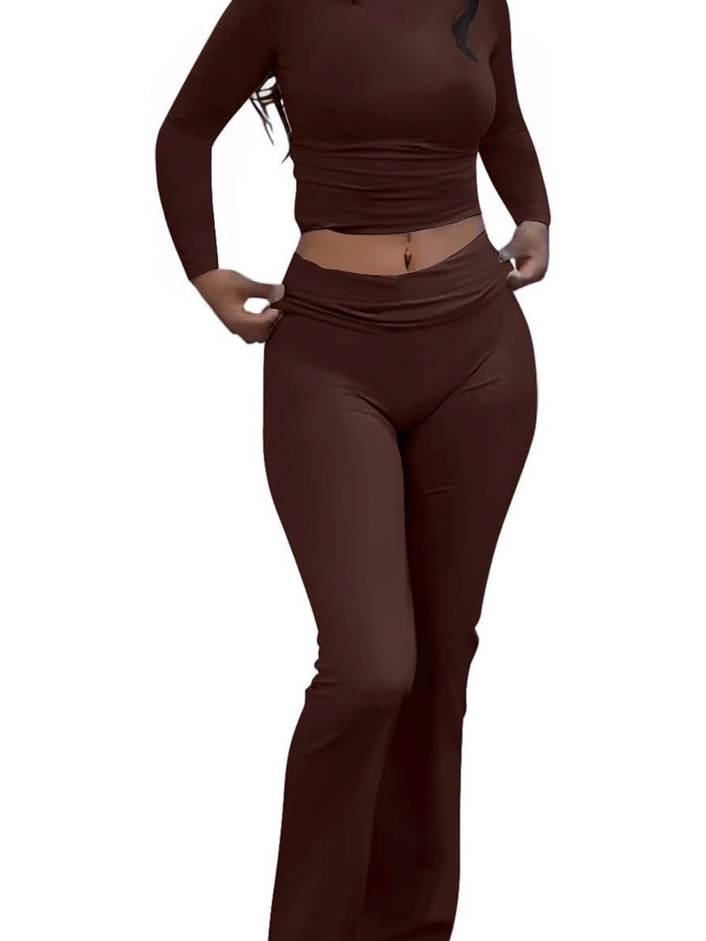 Chocolate Brown Two Piece Matching Set Long Sleeve Top Flare Pants